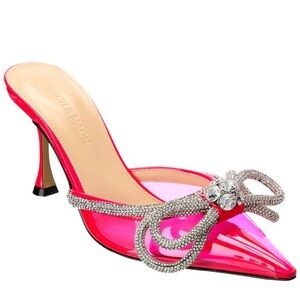MACH & MACH Hot Pink Patent Pointed Toe Crystal Double Bow Mule
